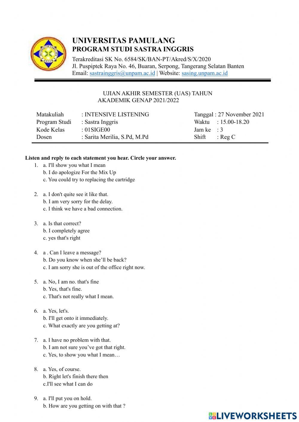 Soal UAS Mata Kuliah Listening