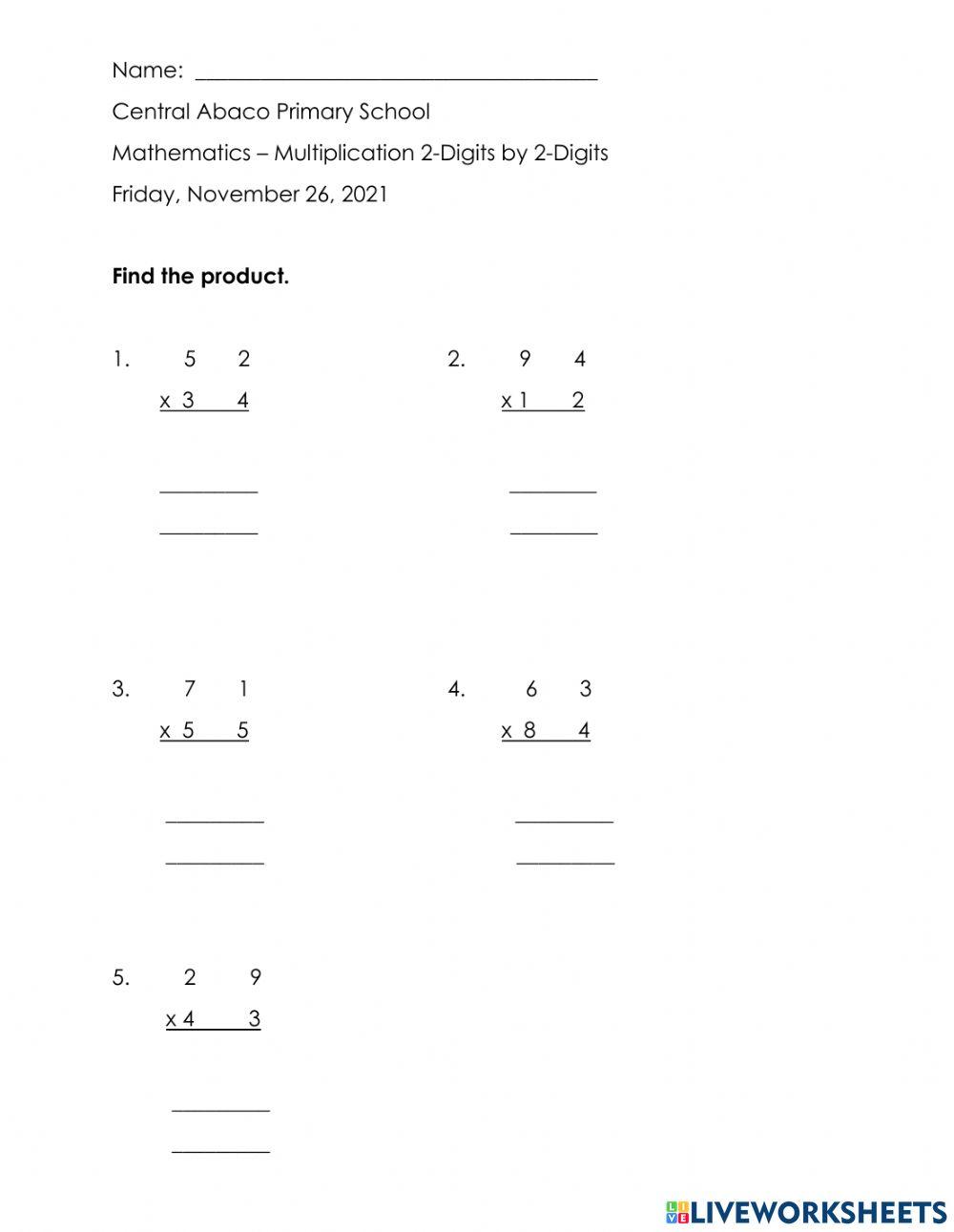 Mathematics - Multiplication of 2 Digits by 2 Digits