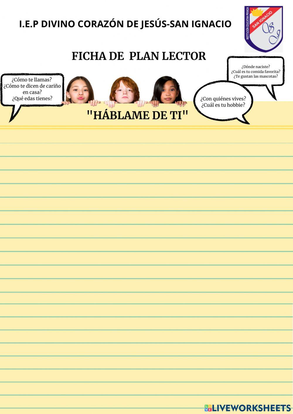 Ficha de Plan Lector: Lectura -Háblame de ti-