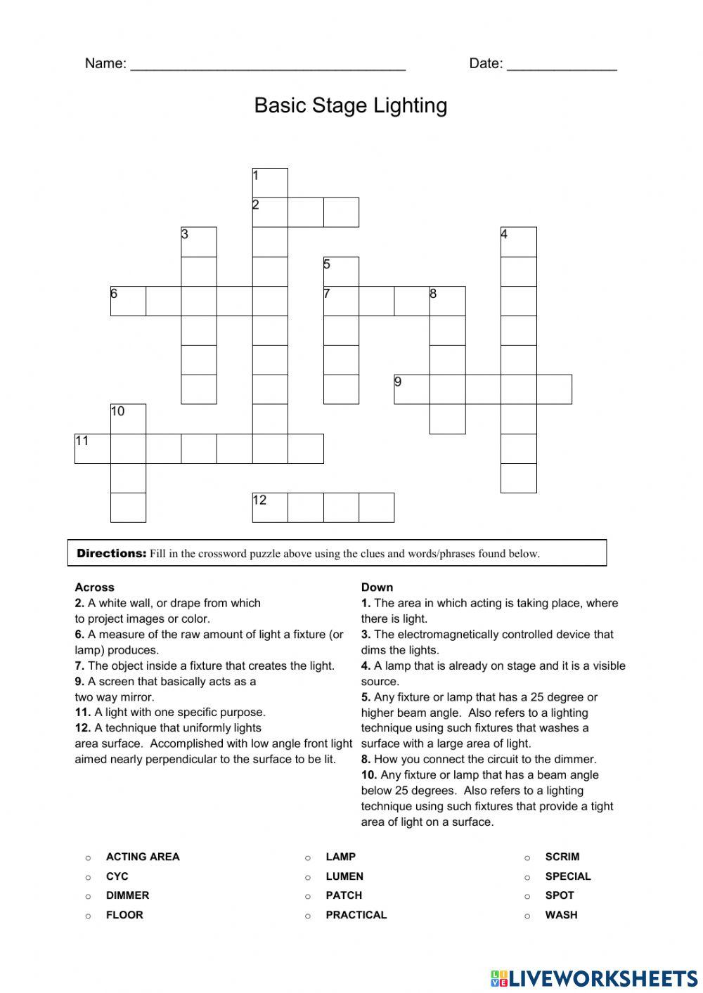 Basic Lighting Tech Crossword online exercise for Live Worksheets