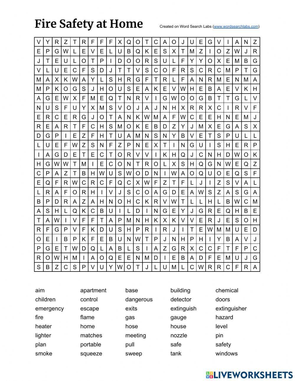 Wordsearch: Fire Safety at Home