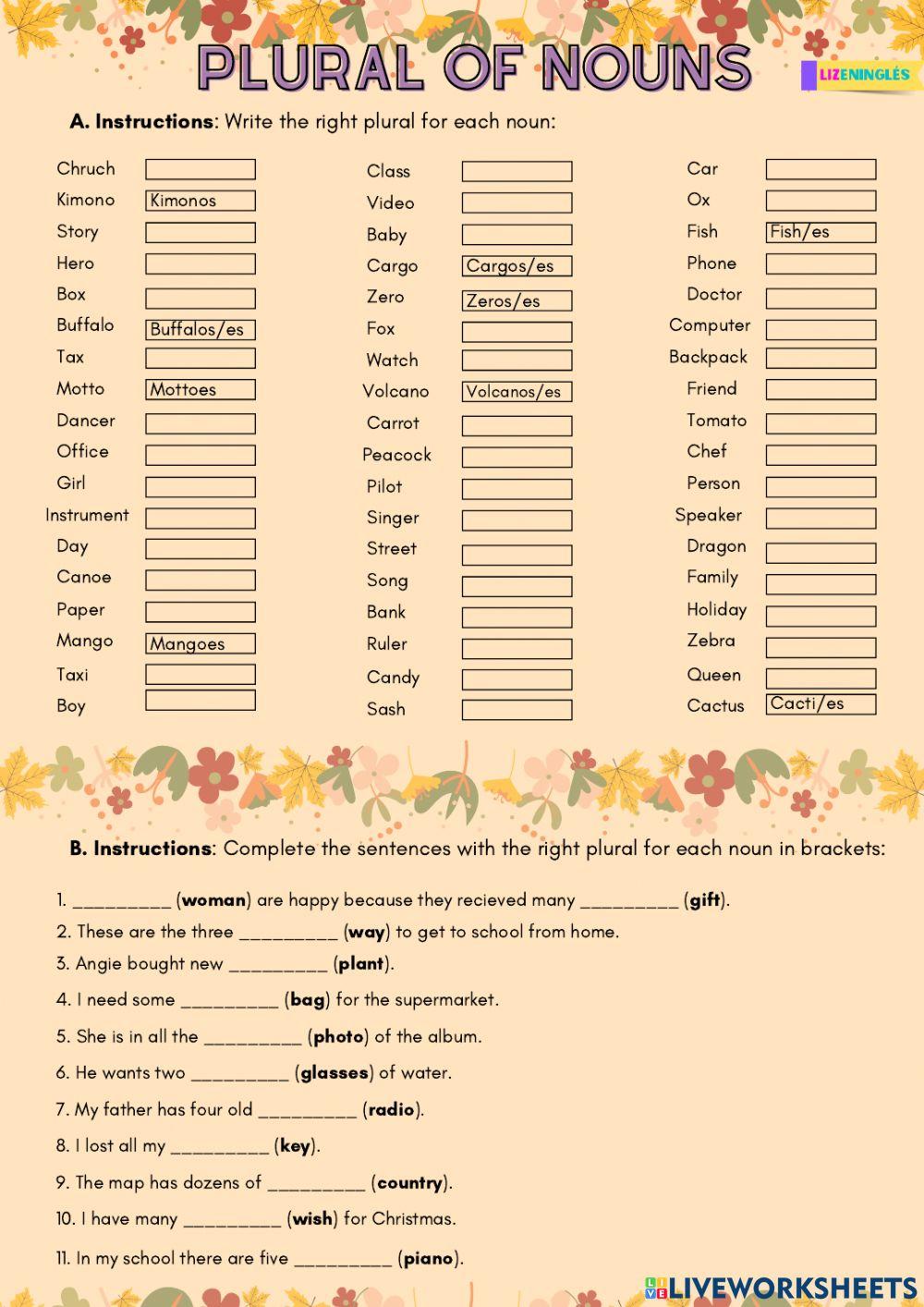 Plural nouns online exercise for Principiantes Live Worksheets