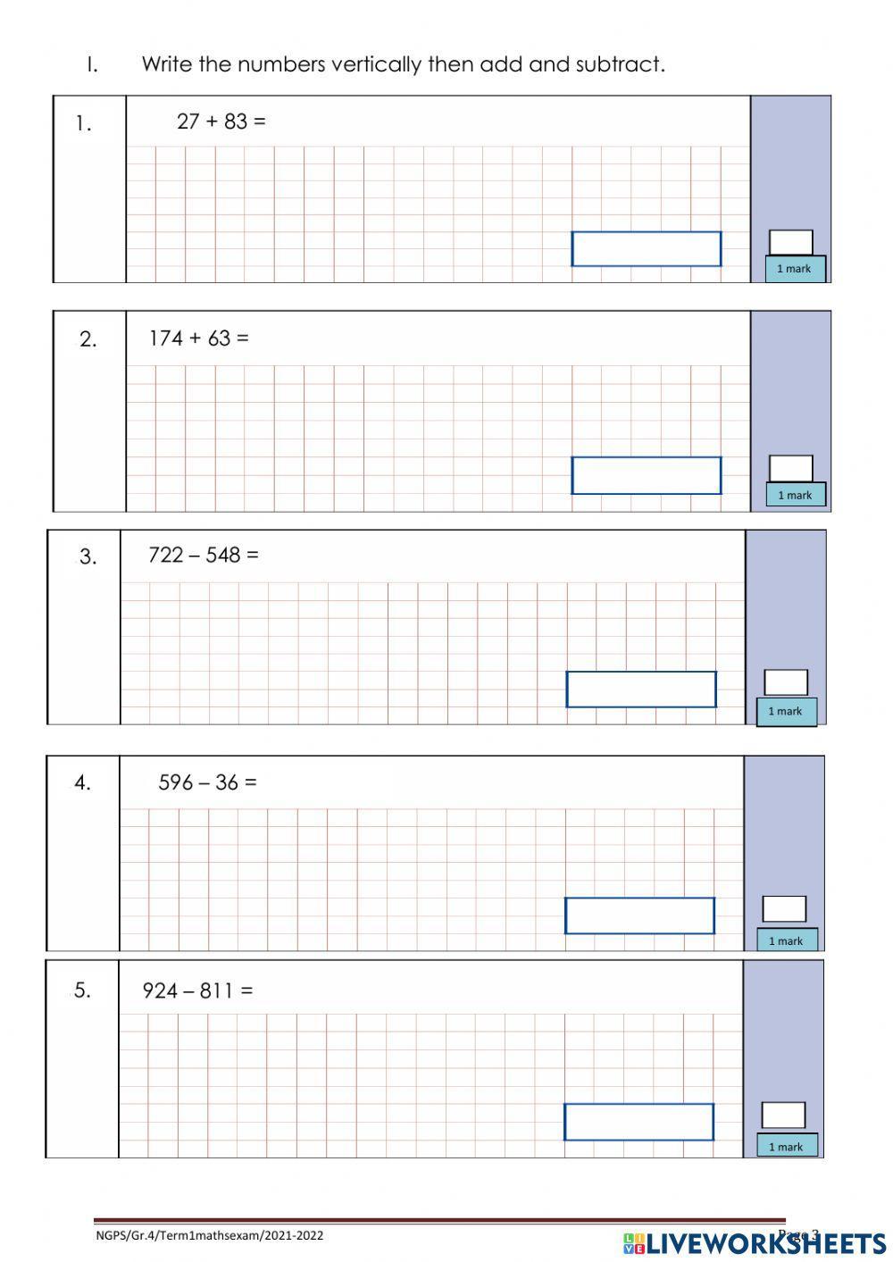 Grade 4 Mathematics Exam Paper 1