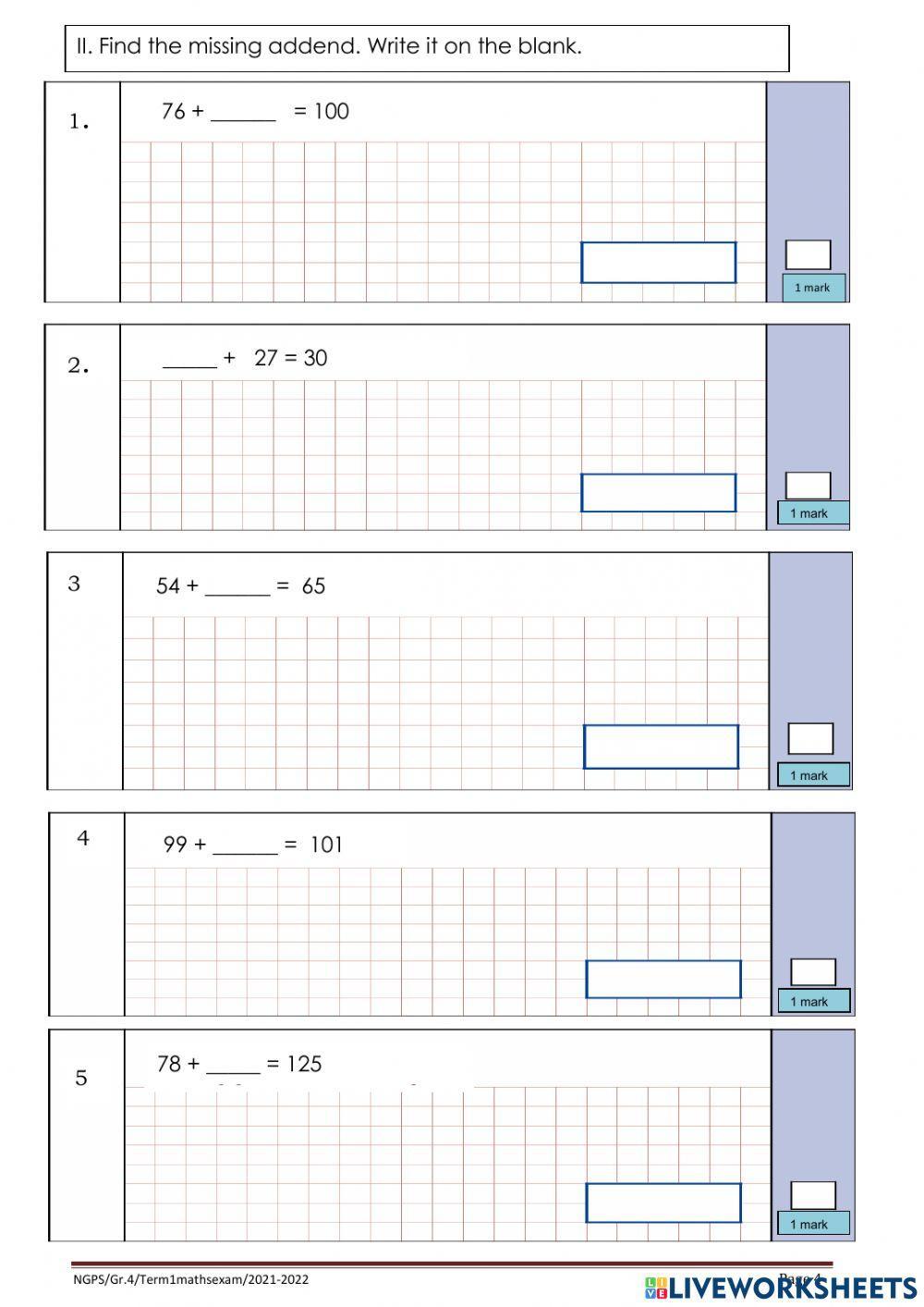Grade 4 Mathematics Exam Paper 1