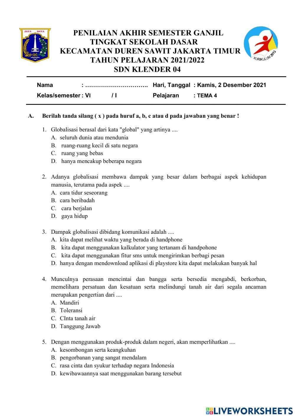 Penilaian akhir semester 1 tema 4