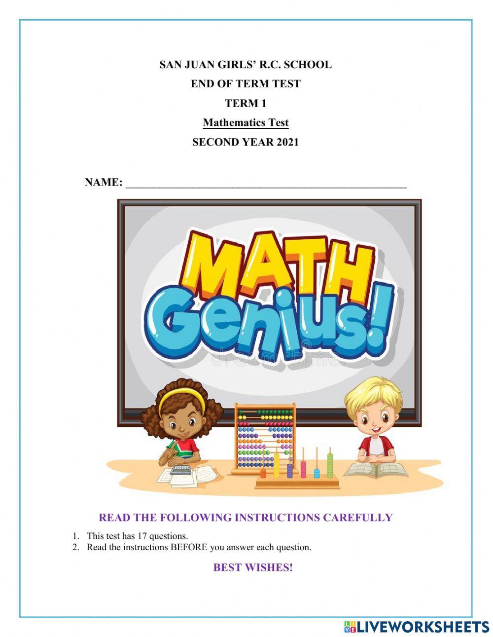 Second Year Mathematics Term 1 Test