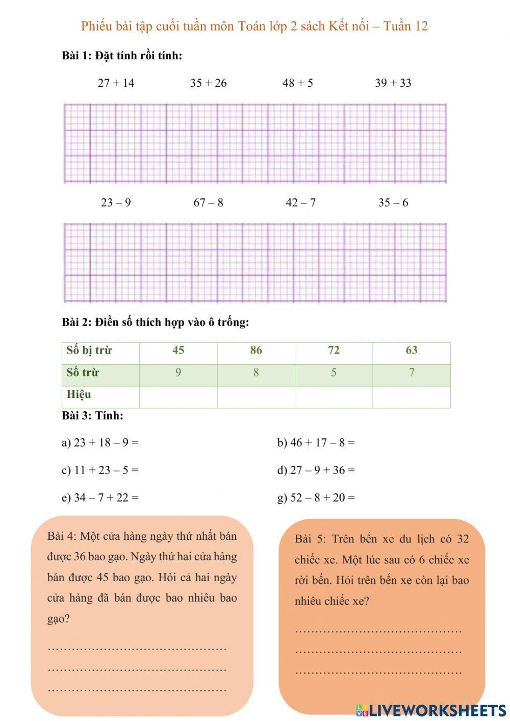 Phiếu toán lớp 2 tuần 12