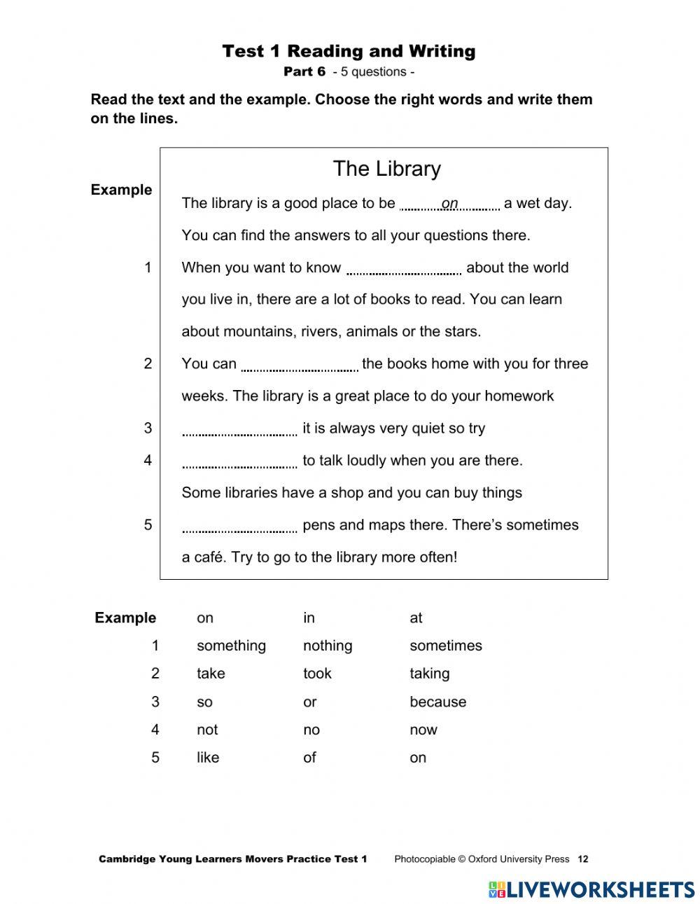 Movers-Reading and Writing Practice-Part 6