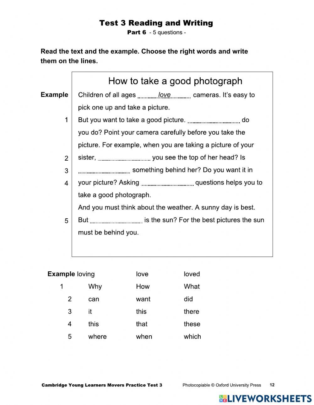 Movers-Reading and Writing Practice-Part 6