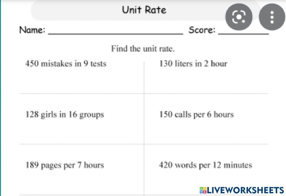Rates online exercise for live worksheets