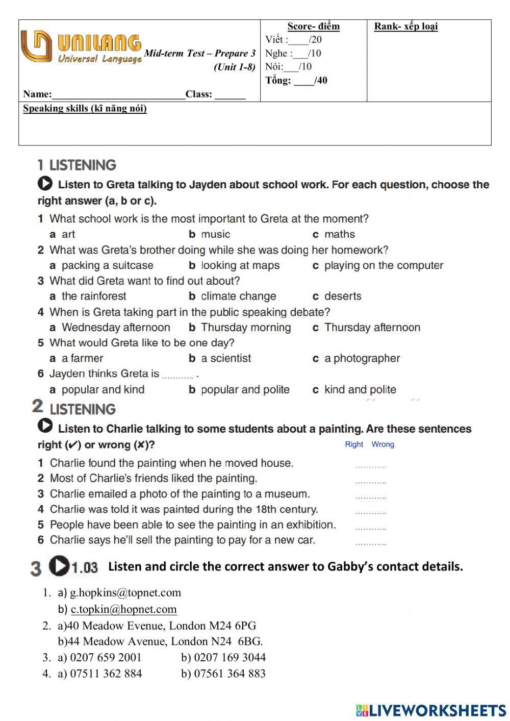 Prepare 3 Midterm test (U1-U8)