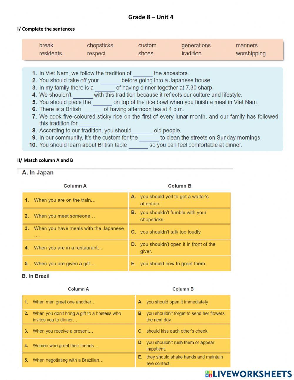 Grade 8 online activity for 8 Live Worksheets