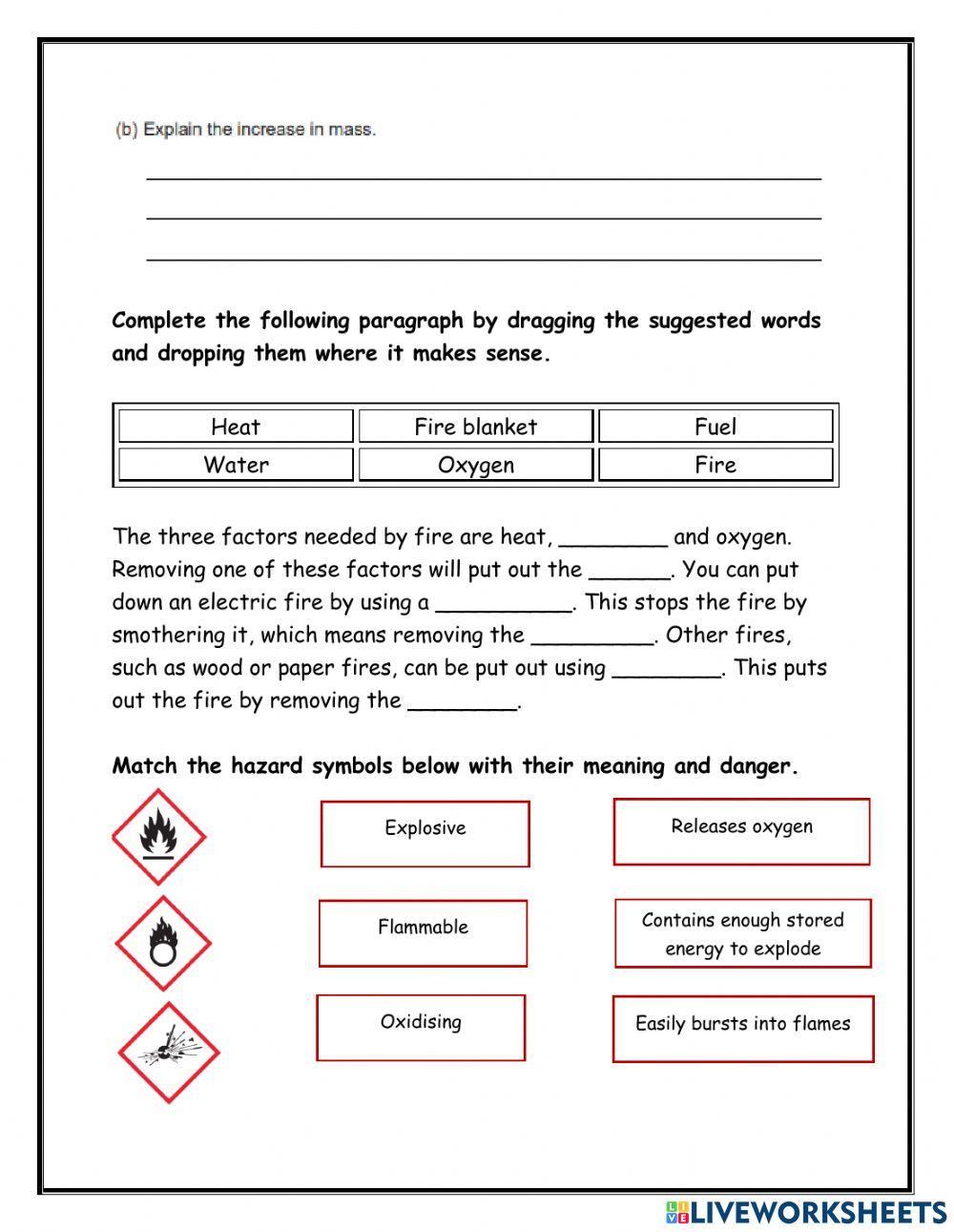 Combustion and fire safety worksheet | Live Worksheets