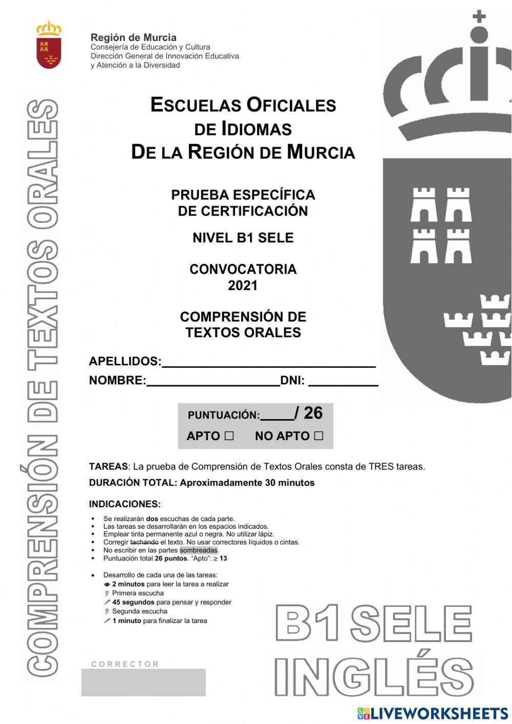 Listening (CTO) - Examen B1 SELE - EOI Murcia 2021