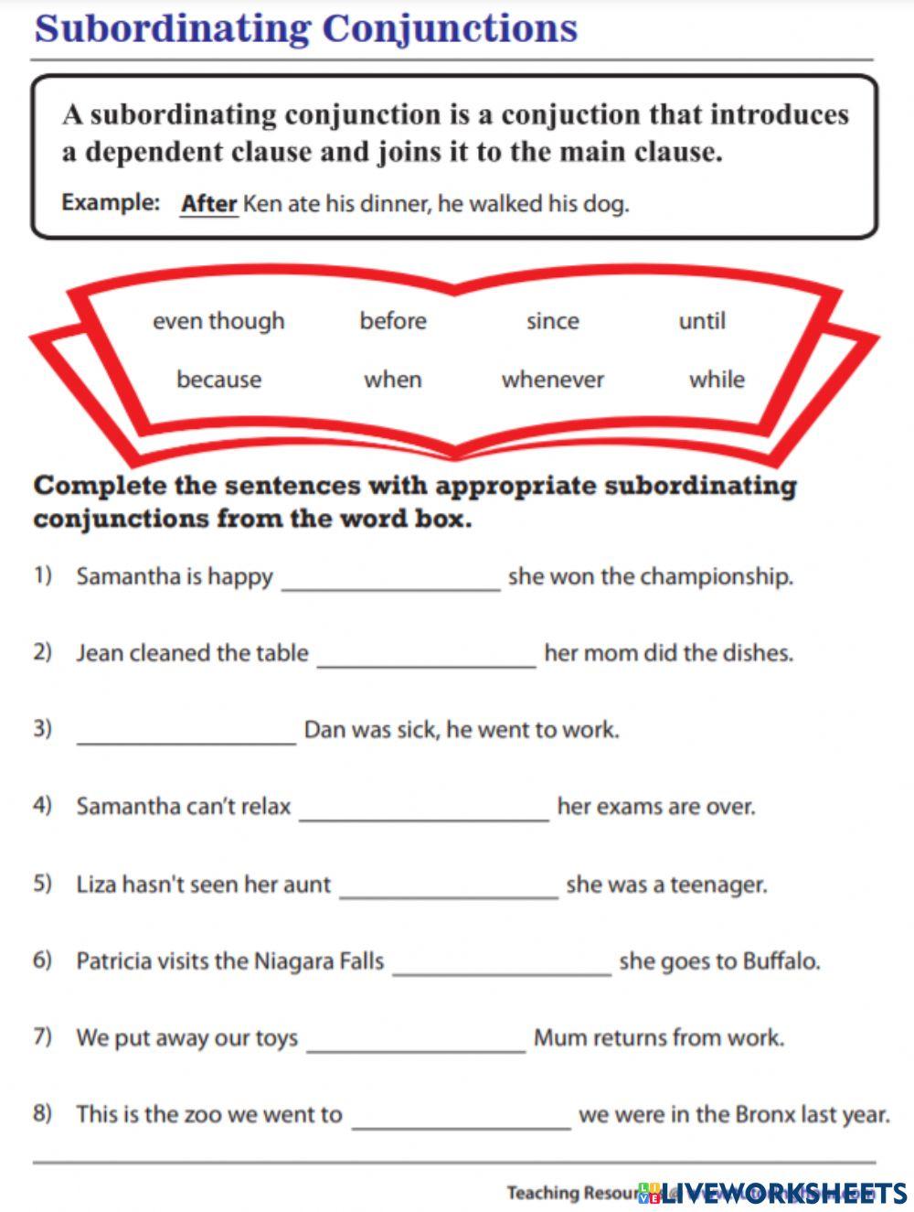 Subordinating Conjunction online exercise for Live Worksheets