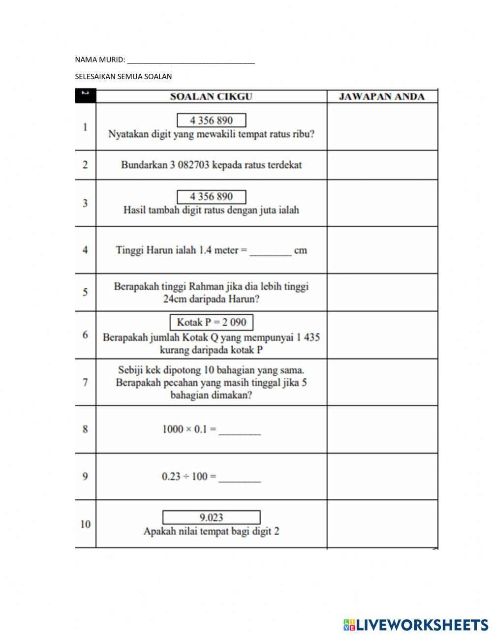 Latihan ulangkaji Matematik tahun 6
