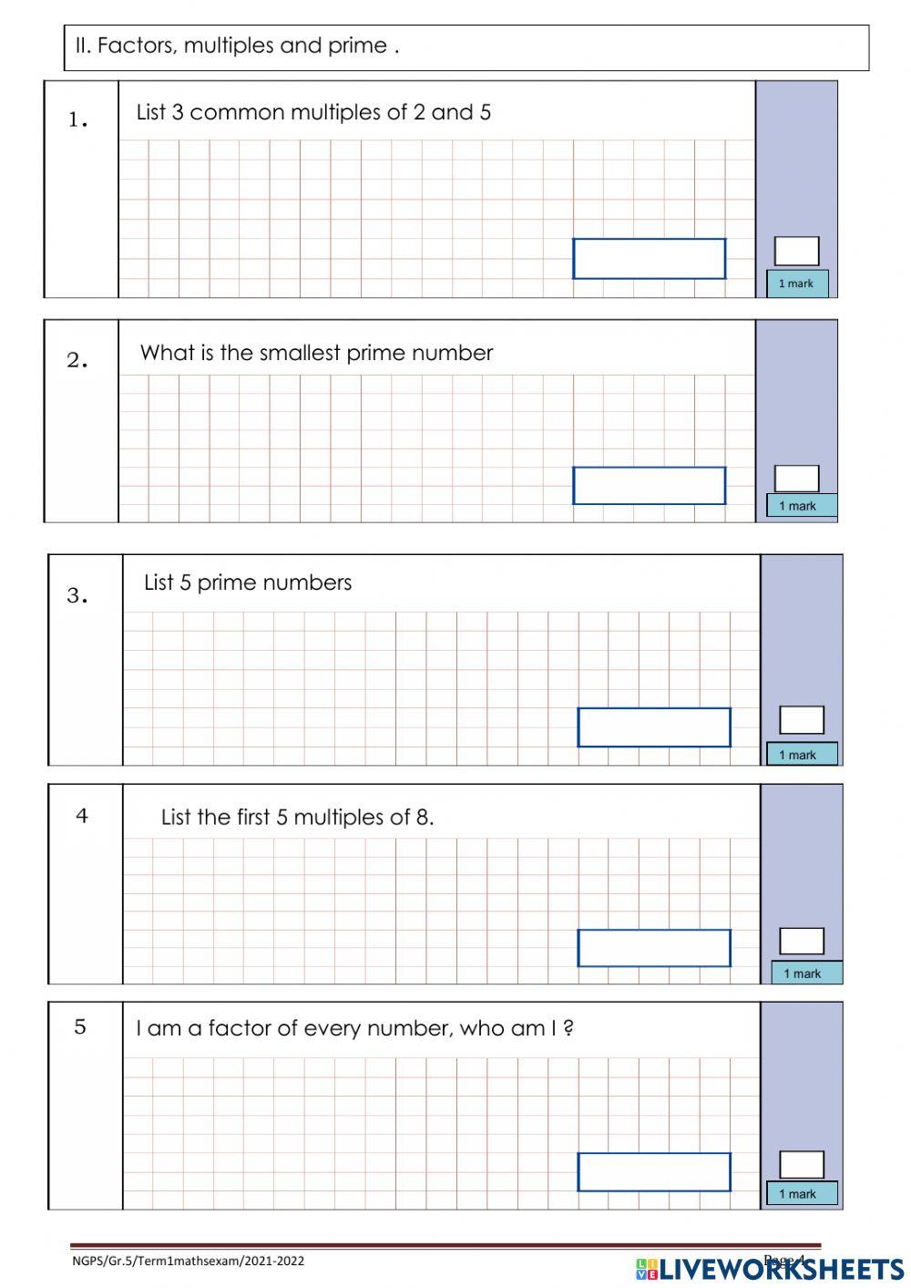 Mathematics Exam Paper 1 - Grade 5