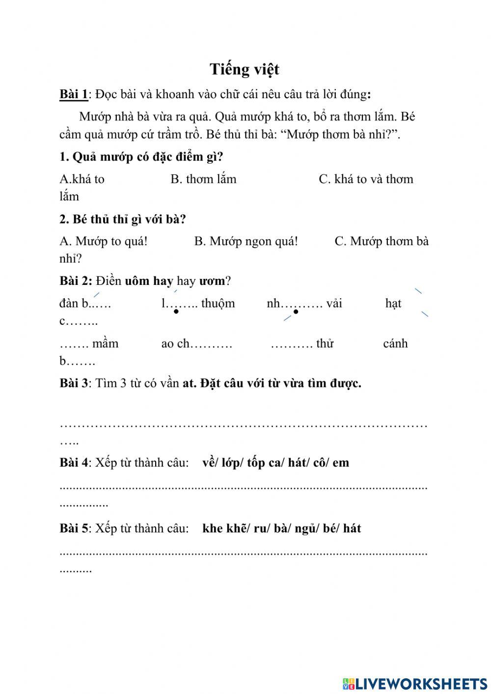 Bài tập cuối tuần lớp 1