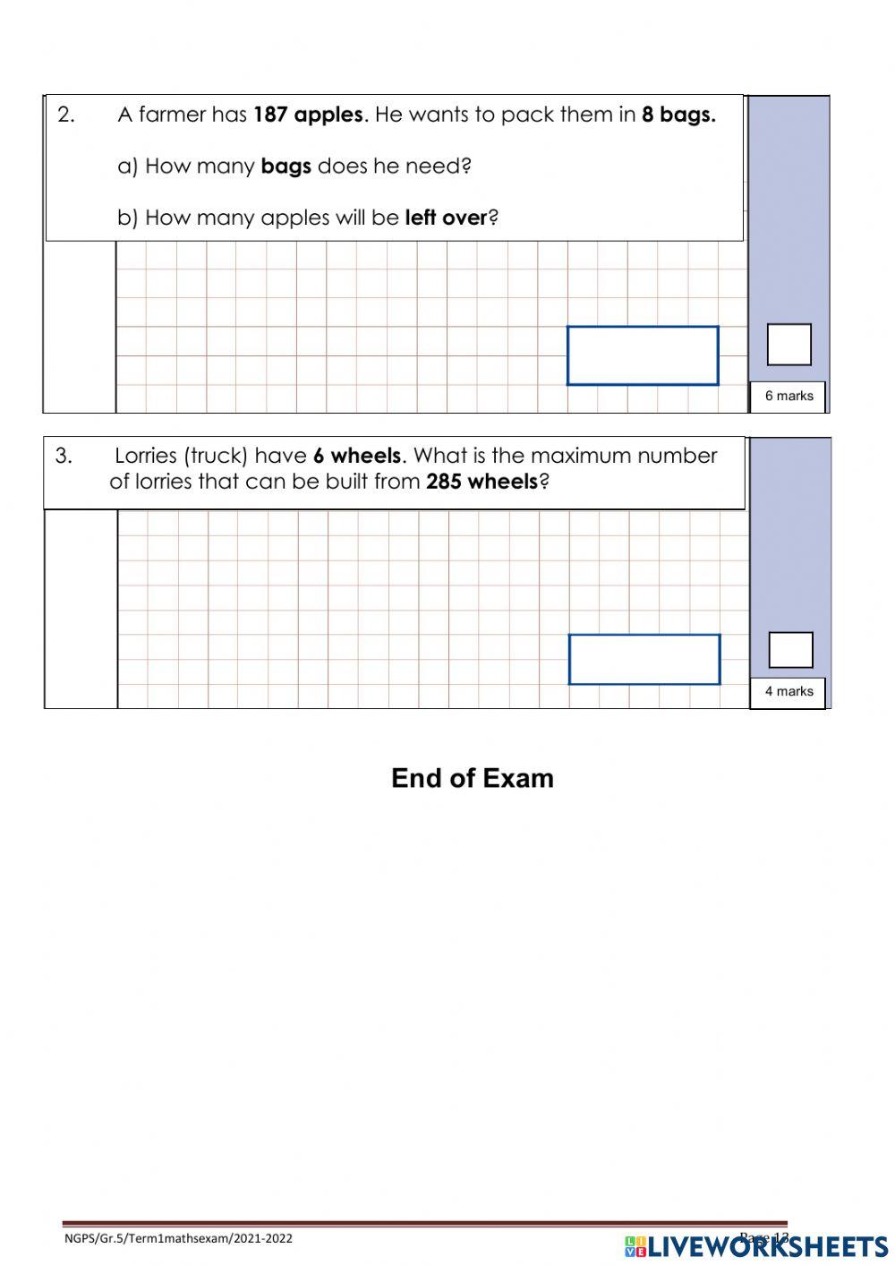Mathematics Exam paper 2 - Grade 5
