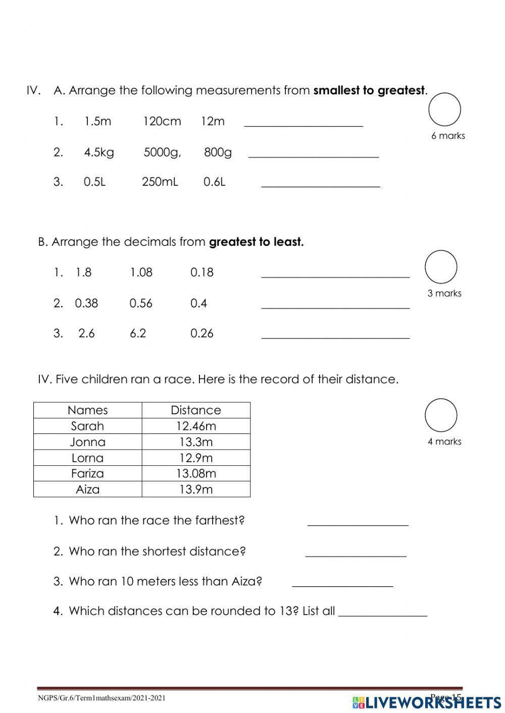 Mathematics Exam paper 2 - Grade 6