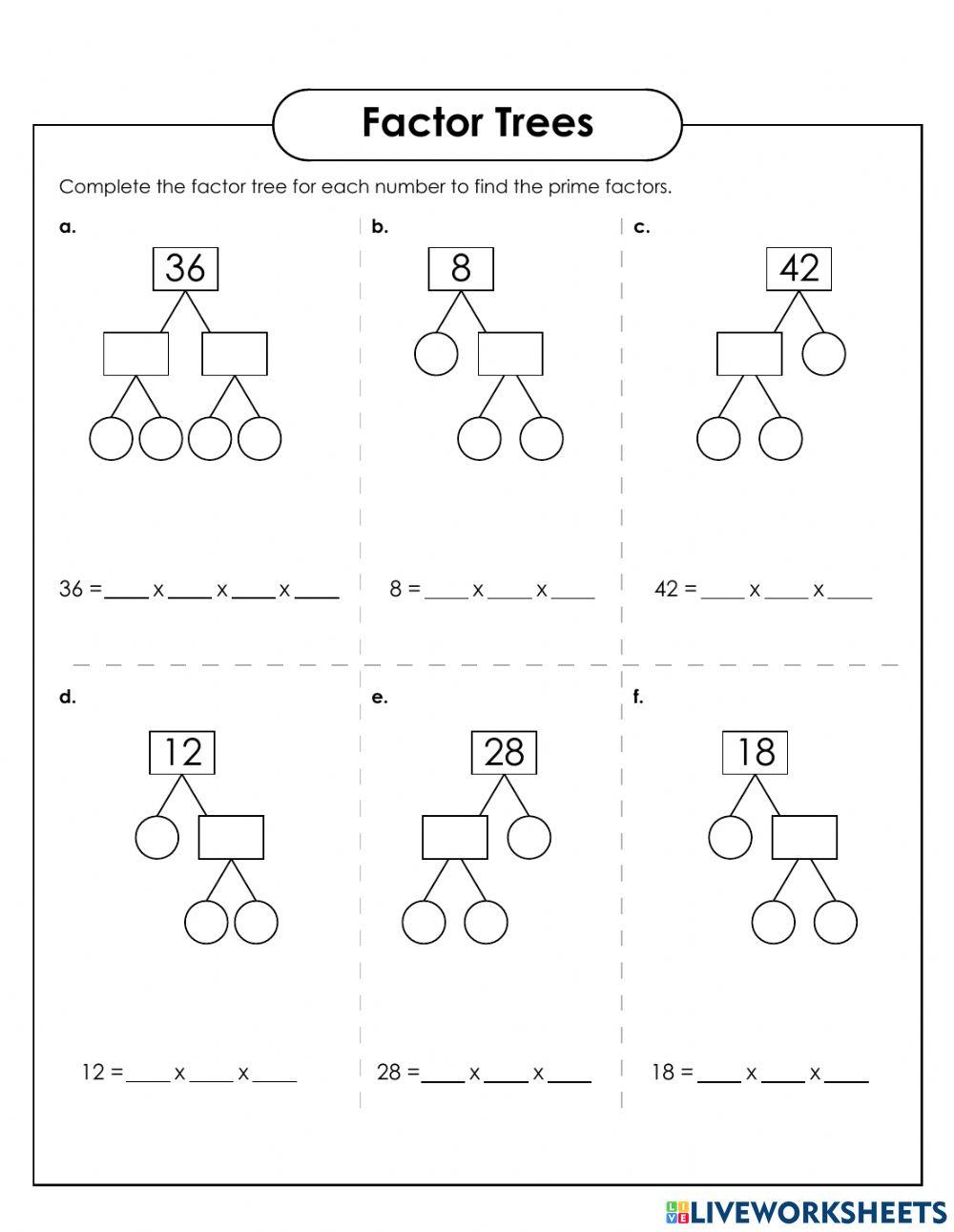 Factoring trees 4231348 | Pgtschool65 | Live Worksheets