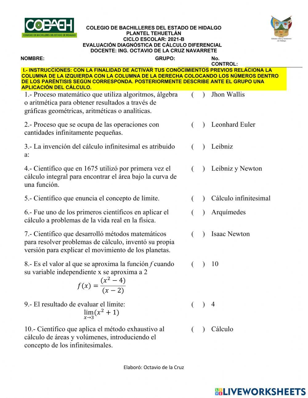 Evaluacion diagnostica calculo diferencial