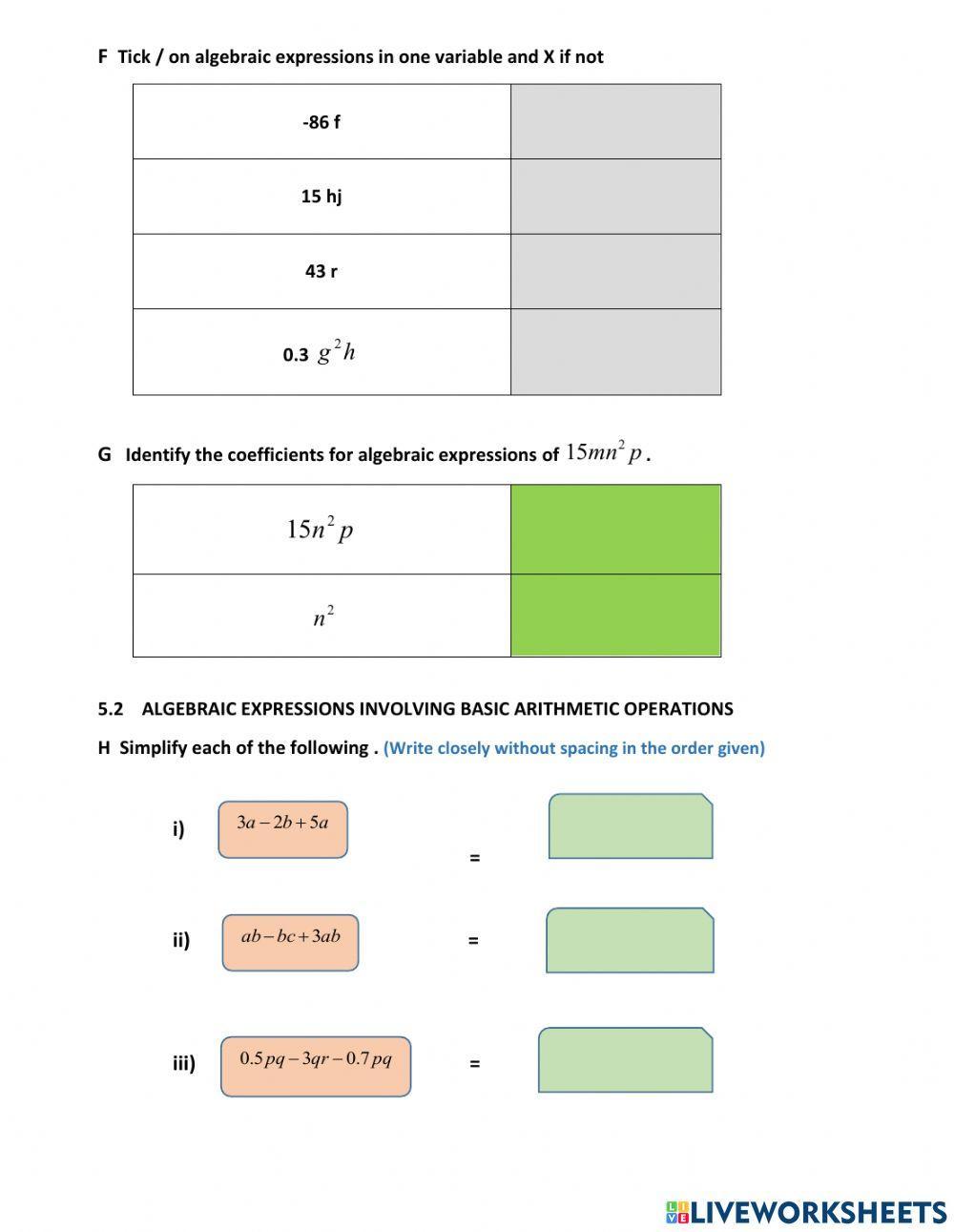 Chapter 5 : algebraic expressions Chapter 5 : algebraic expressions