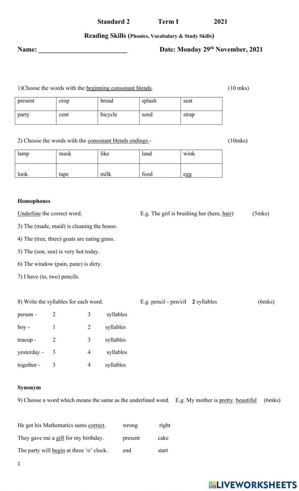 Std 2 term 1 reading skills test 2021 online exercise for live worksheets