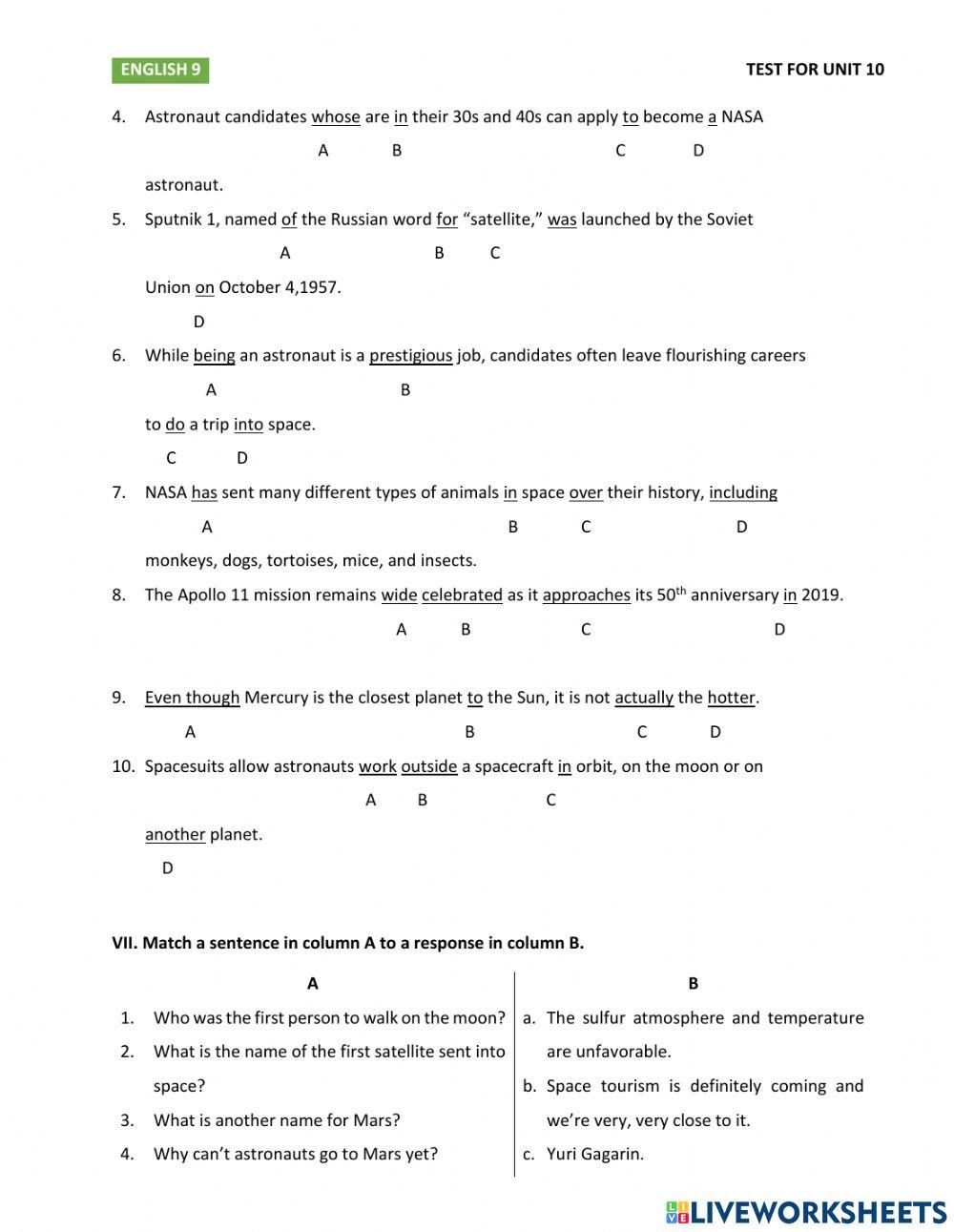 G9 - TEST FOR UNIT 10 online exercise for | Live Worksheets