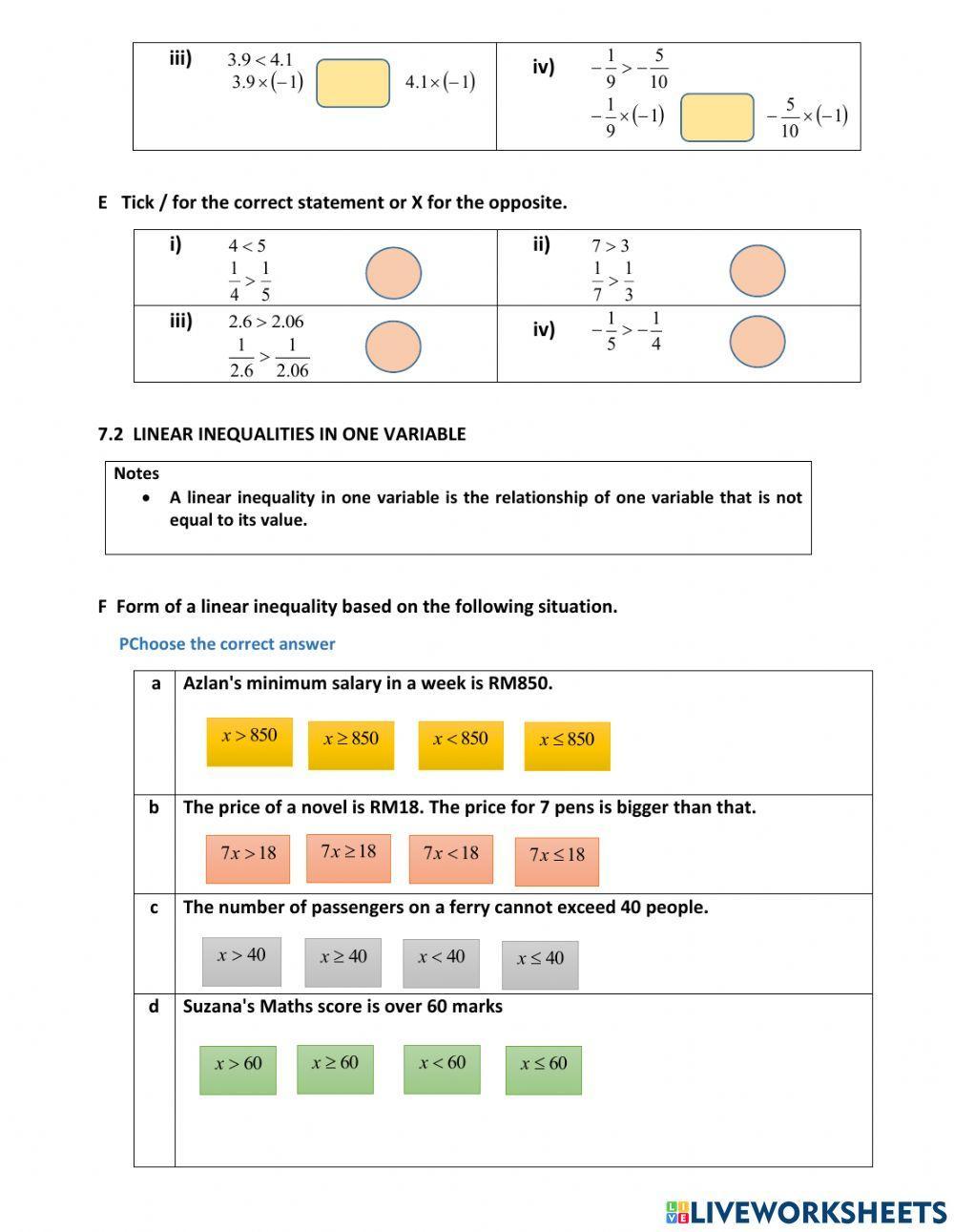 Chapter 7 linear inequalities Chapter 7 linear inequalities