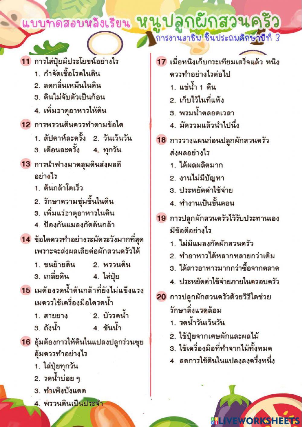 แบบทดสอบหลังเรียน หนูปลูกผักสวนครัว