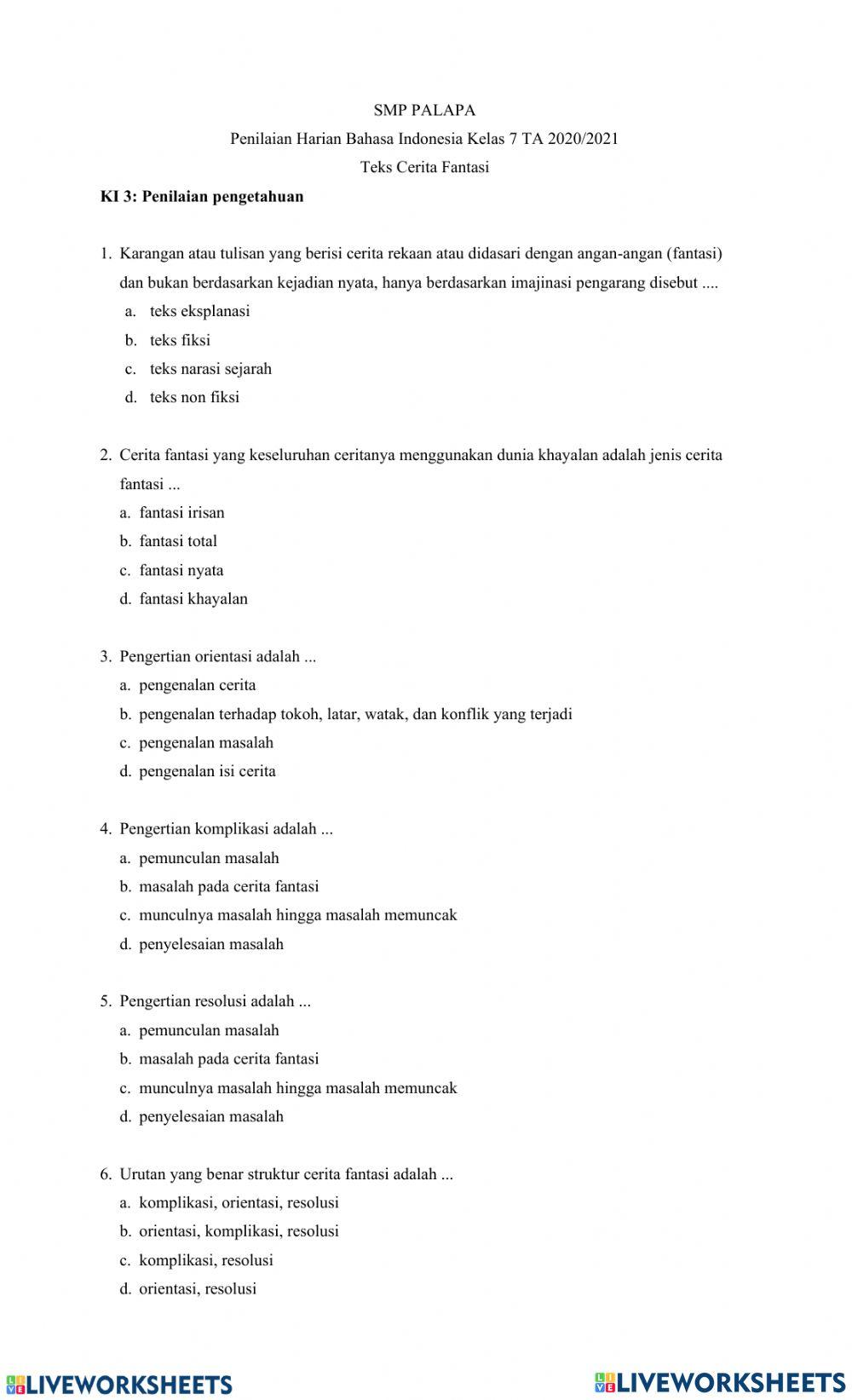 Penilaian Harian Teks Cerita Fantasi