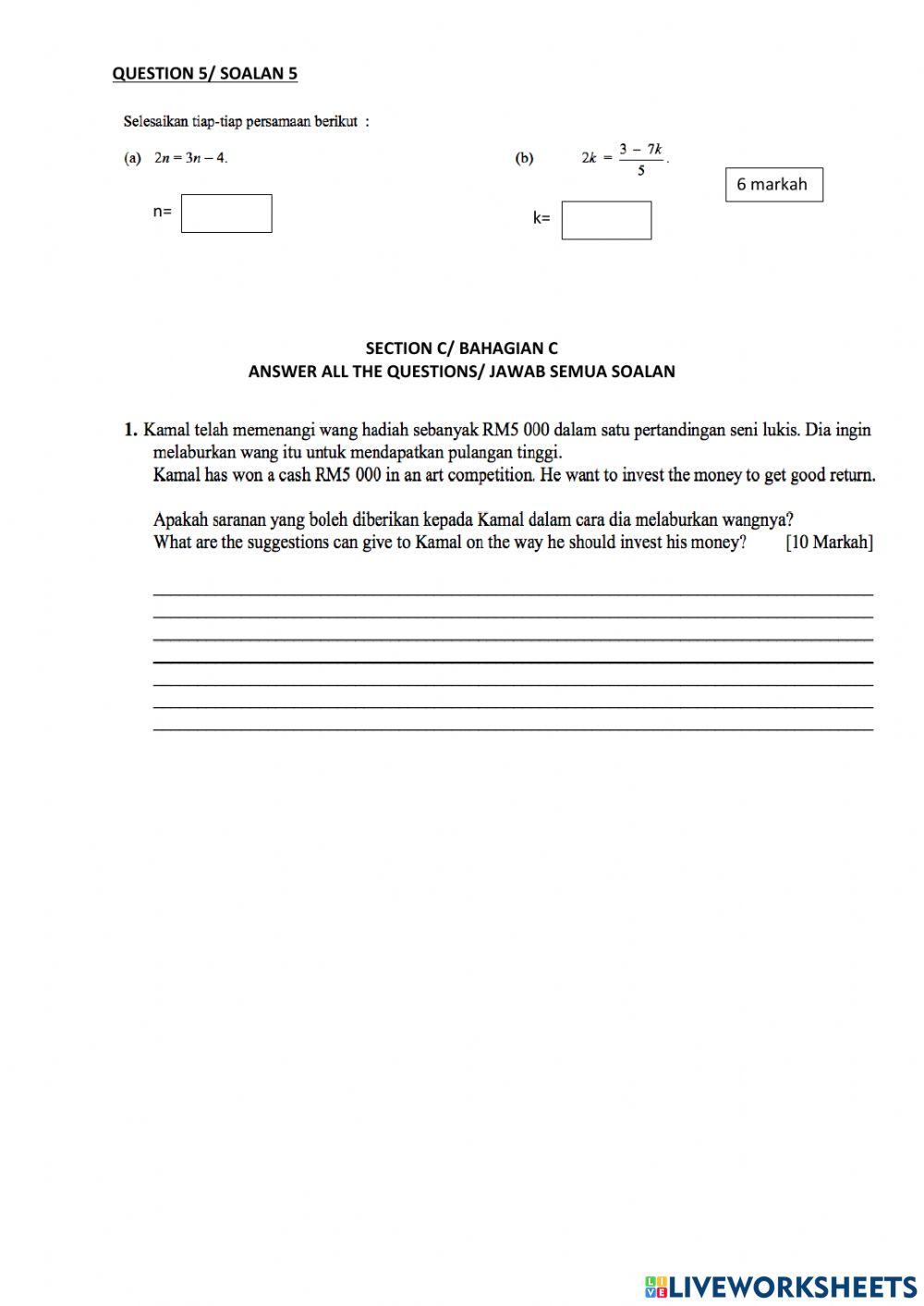 Sumatif matematik bahagian b & c