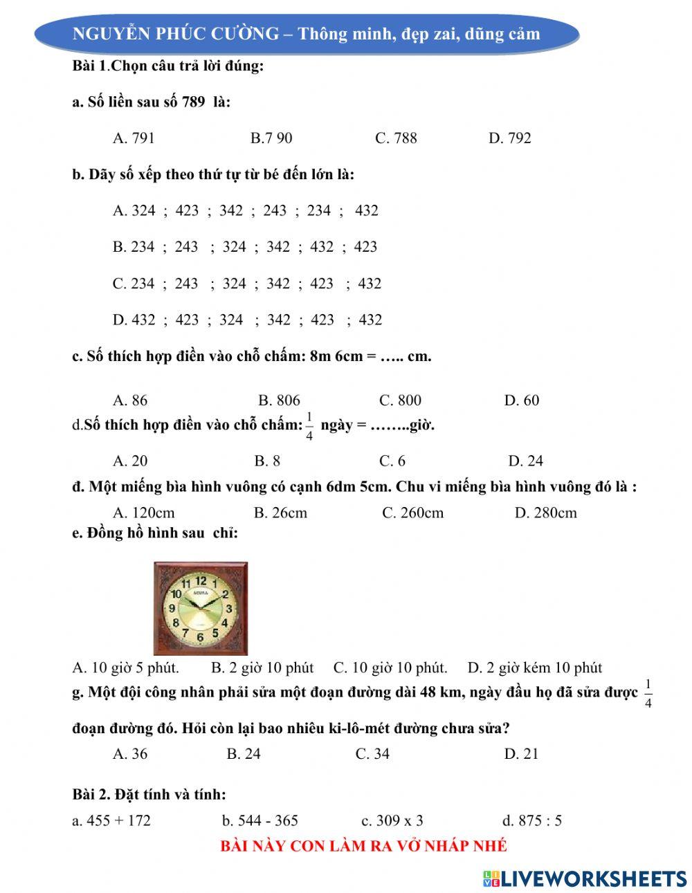 Toán Học kì 1 lớp 3