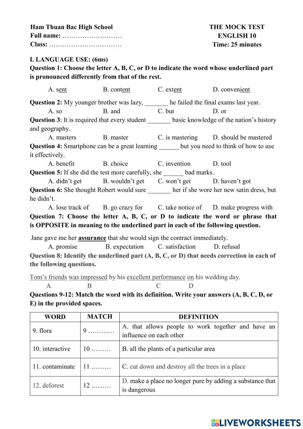 English 10 mock test (Nguyễn Thị Tuyết)