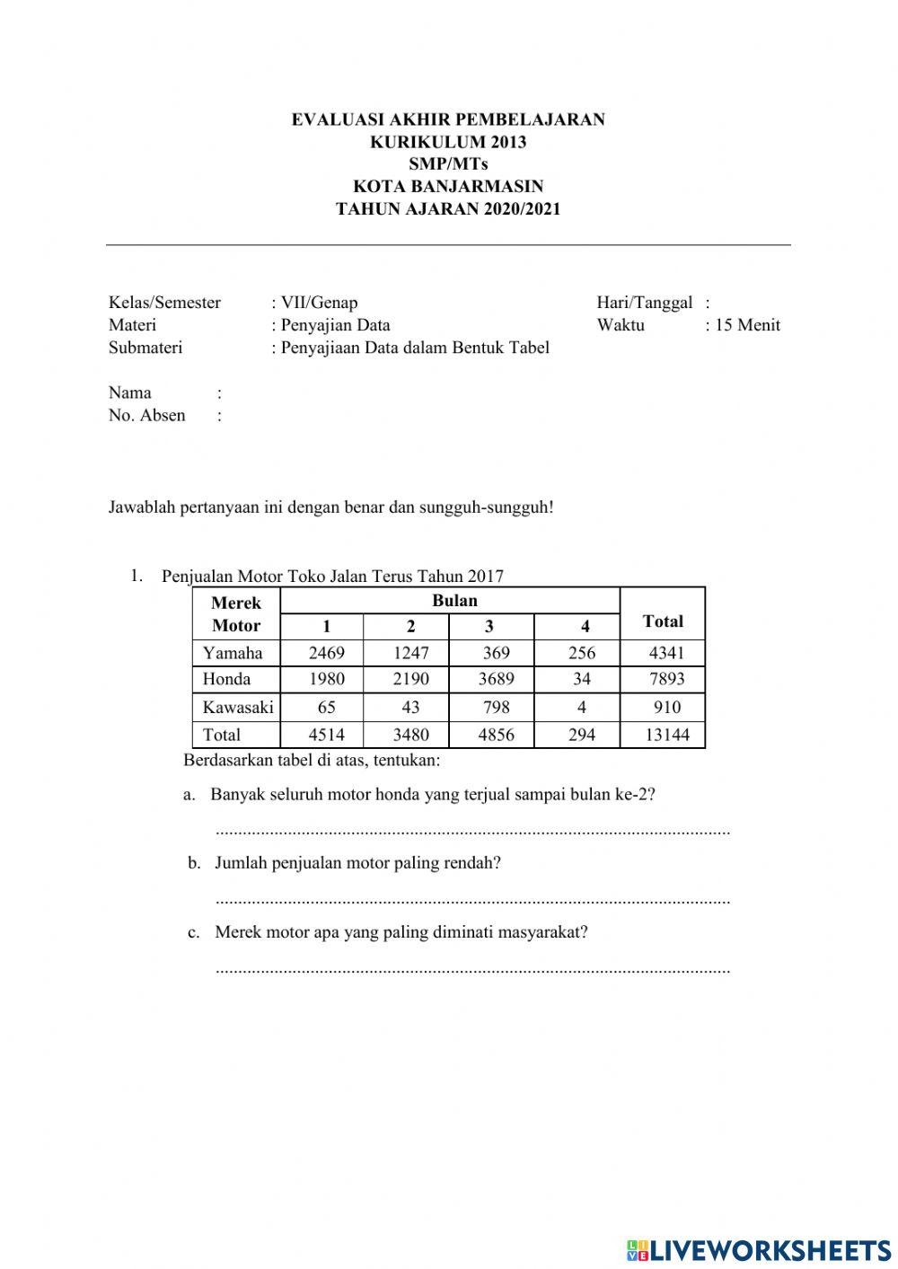 Evaluasi hasil belajar interactive worksheet live worksheets