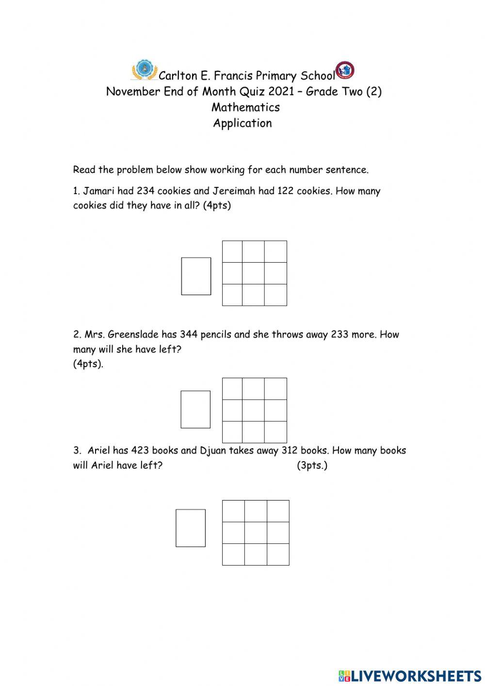 November mathematics application end of month quiz online exercise for