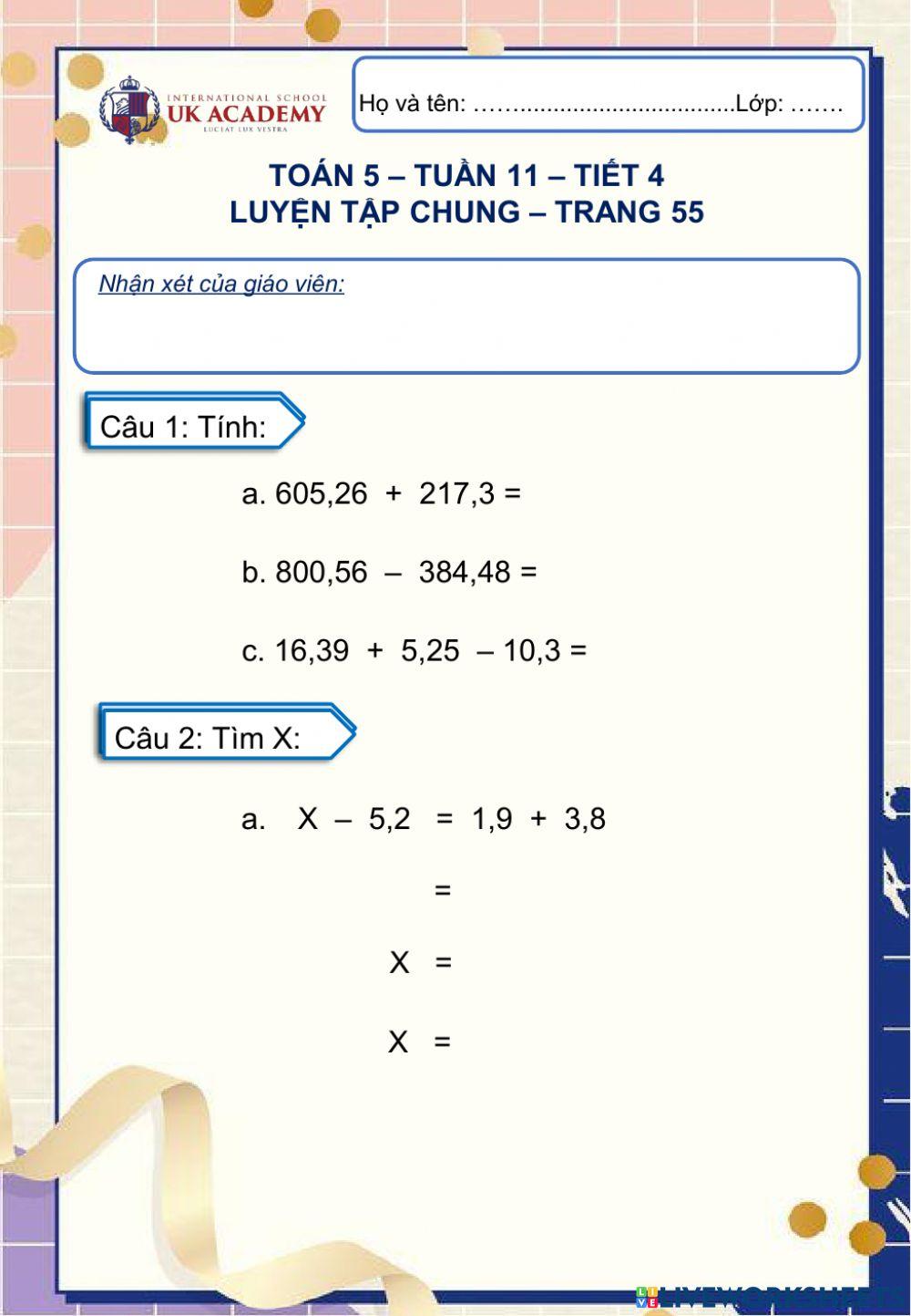 Toán 5 - Luyện tập chung - Trang 55 Toán 5 - Luyện tập chung - Trang 55