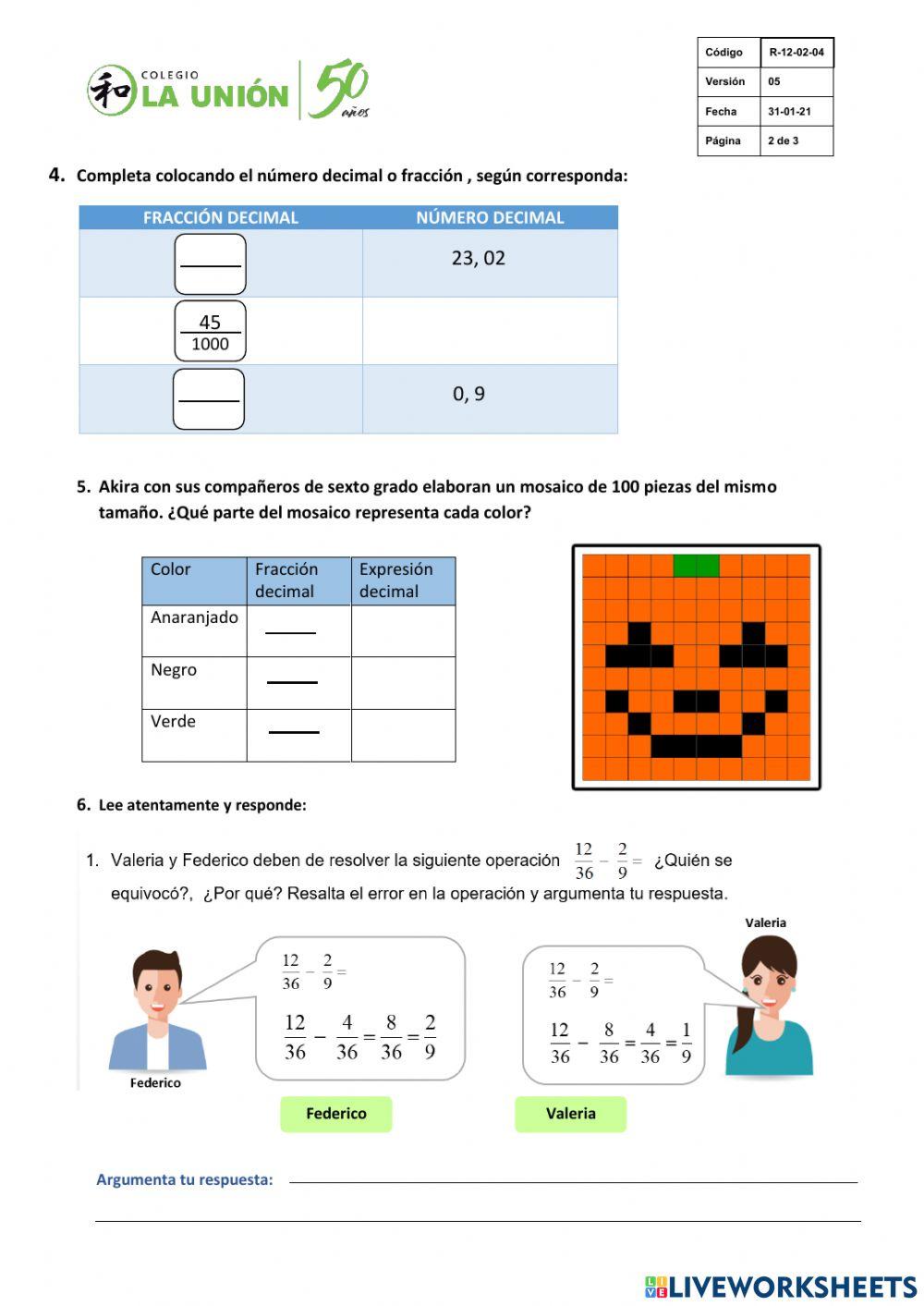 Práctica calificada: fracciones y decimales