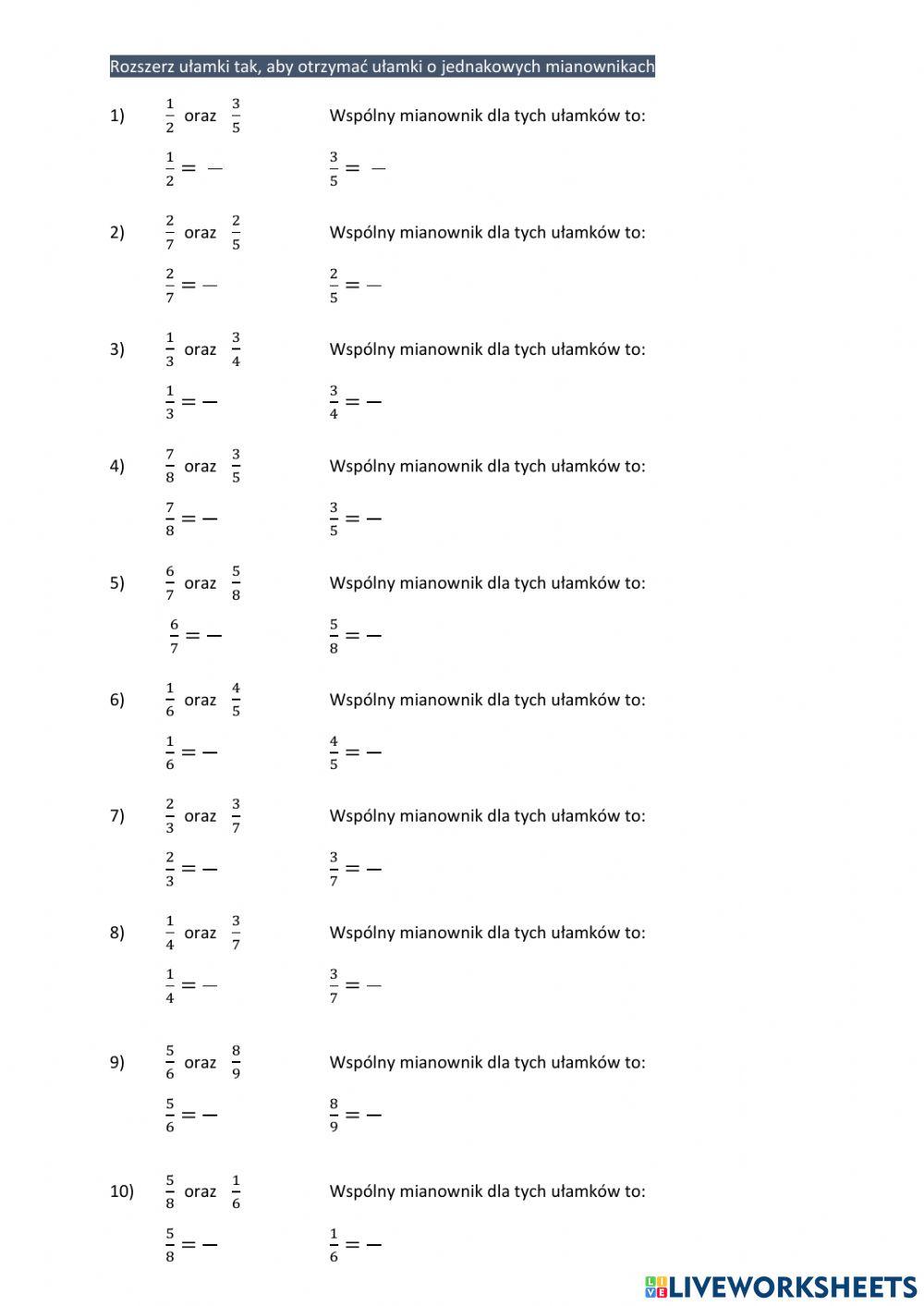 Ułamki (rozszerzanie do wspólnego mianownika)