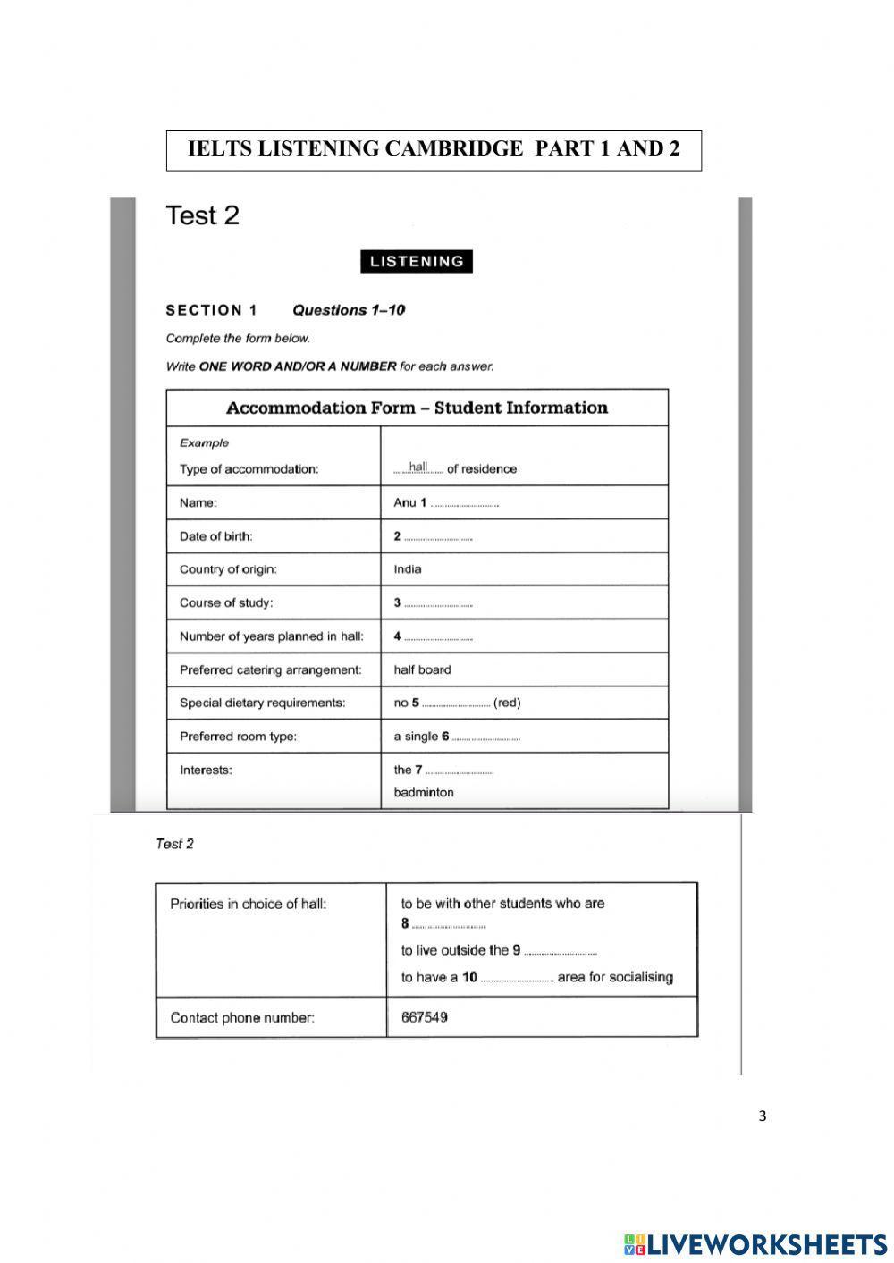 Ielts listening section 1+2