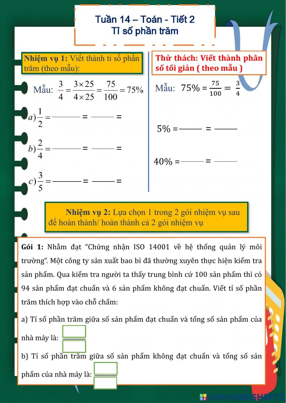 Tuần 14 - Toán 2 - Tỉ số phần trăm