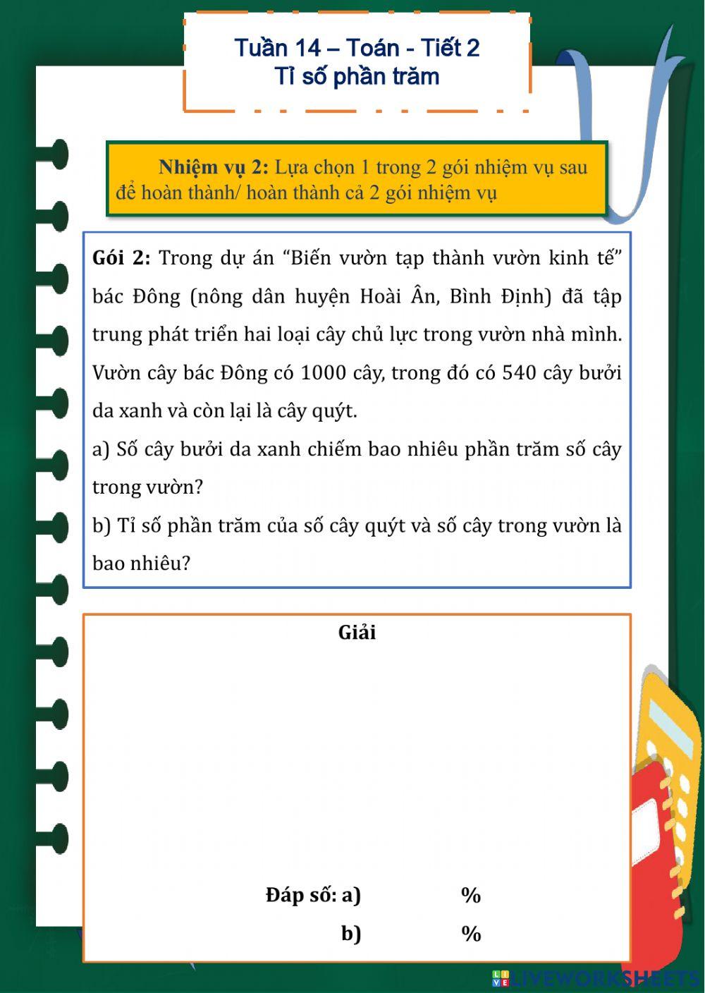 Tuần 14 - Toán 2 - Tỉ số phần trăm