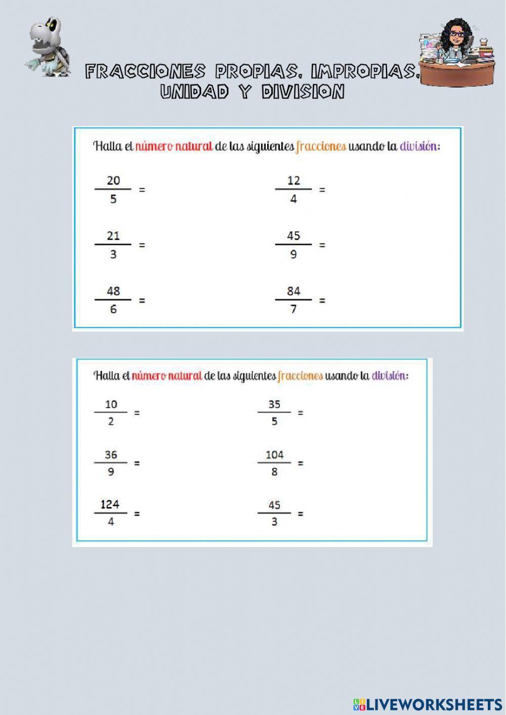 Fracciones impropias, propias e iguales a la unidad