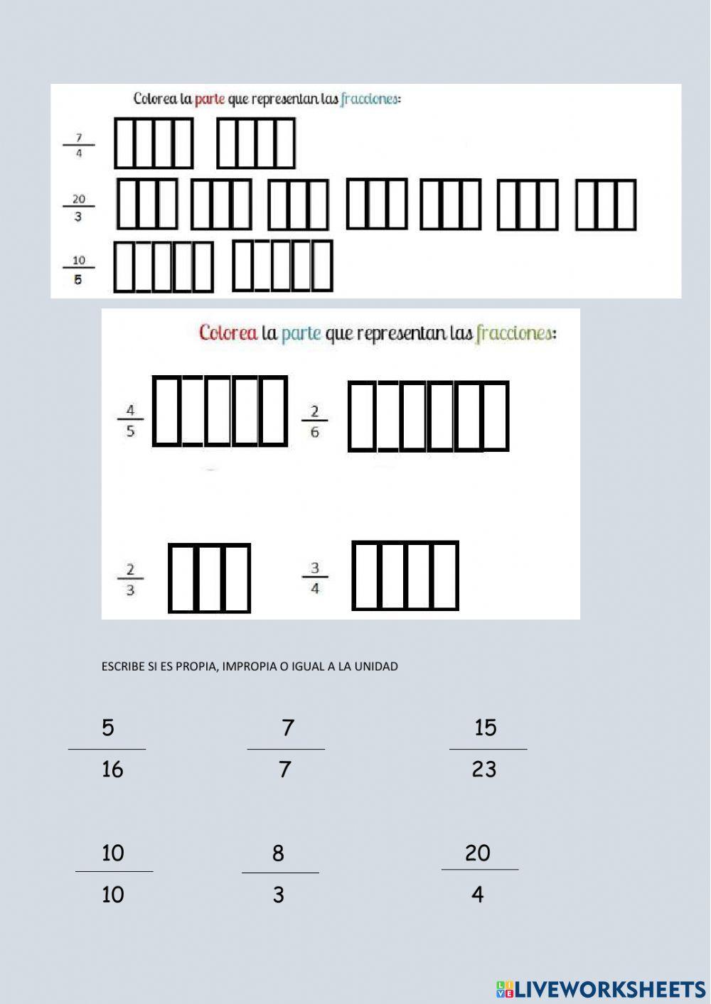 Fracciones impropias, propias e iguales a la unidad