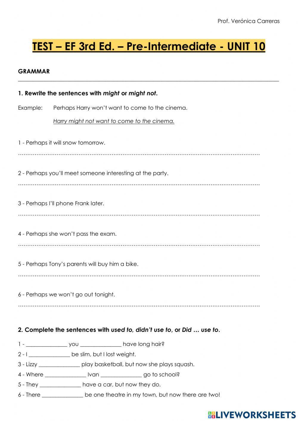 TEST – EF 3rd Ed. – Pre-Intermediate - UNIT 10