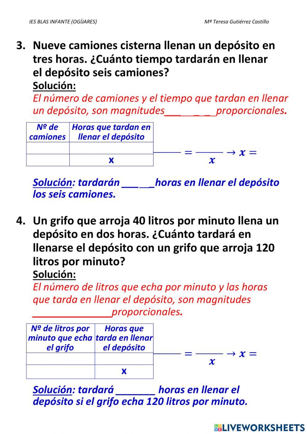 Problemas de proporcionalidad inversa y directa