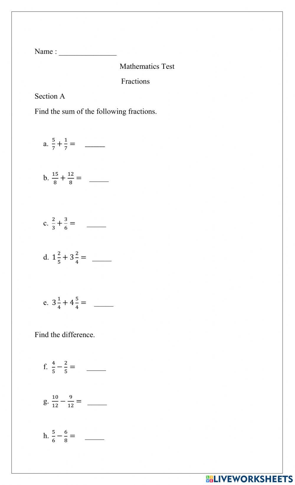 Adding and Subtracting Fraction Test
