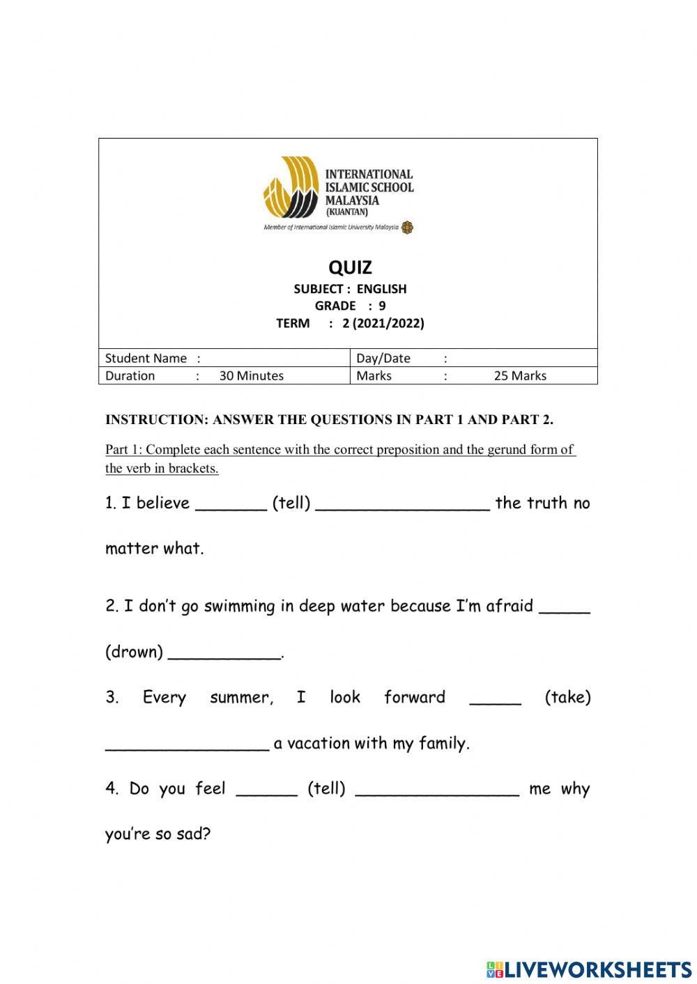 Grade 9 Quiz (Term 2)