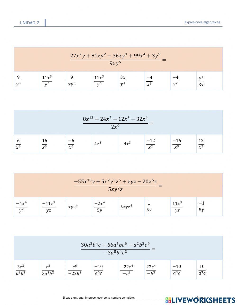 II.5.2.División de polinomios entre monomios